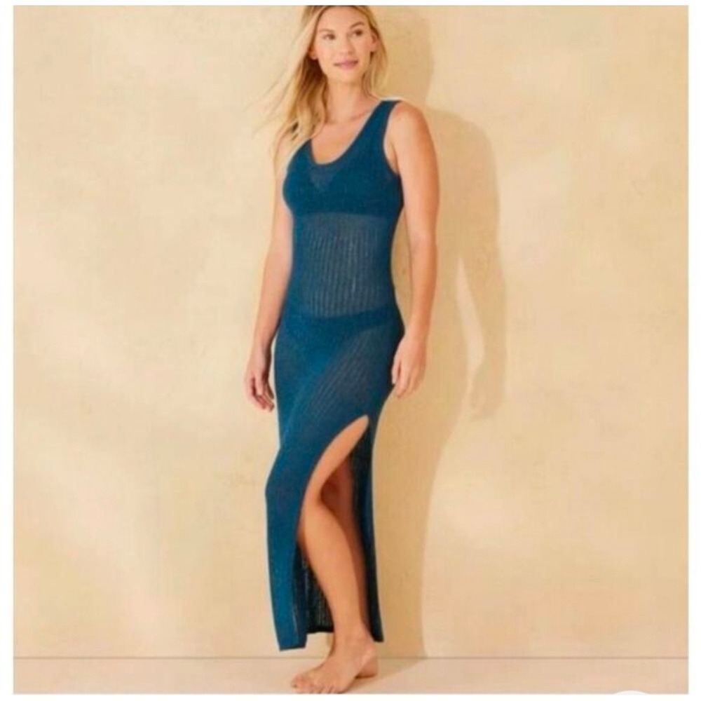 Shade & Shore Crochet Knit Maxi Dress Teal Blue Beach Boho Cover Up Small 4-6